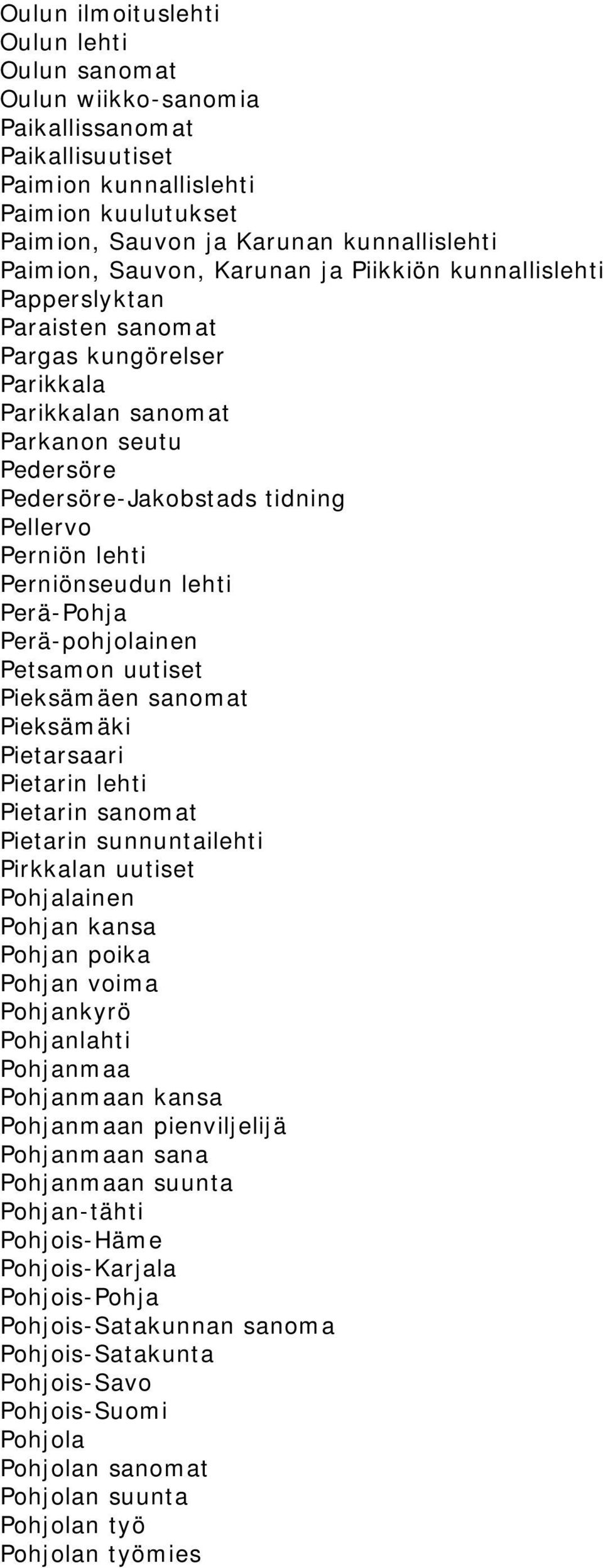 Perniönseudun lehti Perä-Pohja Perä-pohjolainen Petsamon uutiset Pieksämäen sanomat Pieksämäki Pietarsaari Pietarin lehti Pietarin sanomat Pietarin sunnuntailehti Pirkkalan uutiset Pohjalainen Pohjan