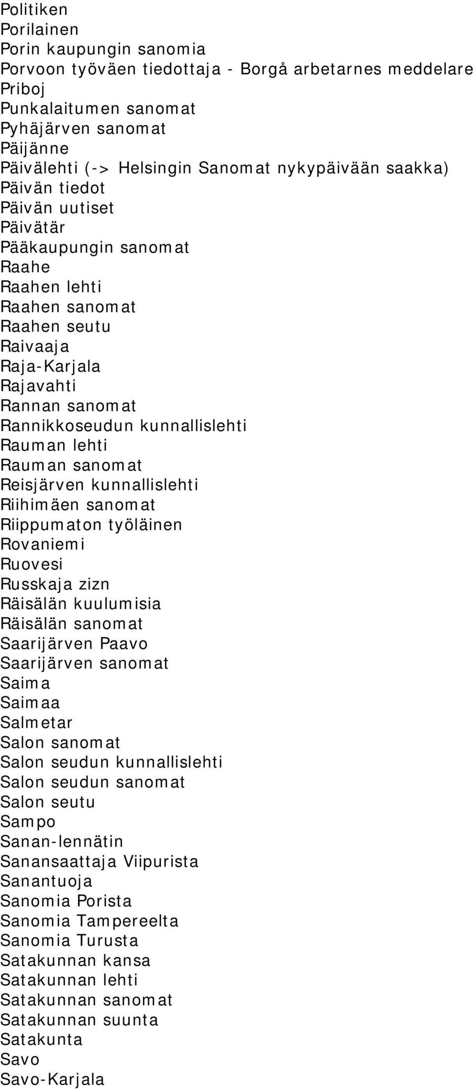 kunnallislehti Rauman lehti Rauman sanomat Reisjärven kunnallislehti Riihimäen sanomat Riippumaton työläinen Rovaniemi Ruovesi Russkaja zizn Räisälän kuulumisia Räisälän sanomat Saarijärven Paavo