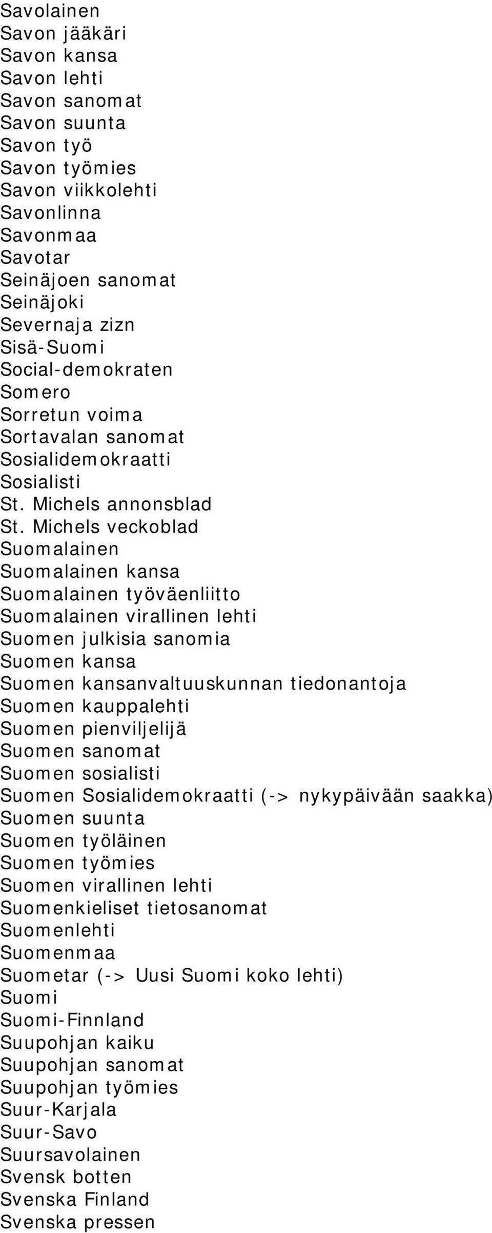 Michels veckoblad Suomalainen Suomalainen kansa Suomalainen työväenliitto Suomalainen virallinen lehti Suomen julkisia sanomia Suomen kansa Suomen kansanvaltuuskunnan tiedonantoja Suomen kauppalehti