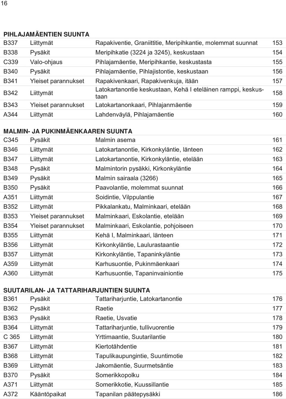 Kehä I eteläinen ramppi, keskustaan 158 B343 Yleiset parannukset Latokartanonkaari, Pihlajanmäentie 159 A344 Liittymät Lahdenväylä, Pihlajamäentie 160 MALMIN- JA PUKINMÄENKAAREN SUUNTA C345 Pysäkit