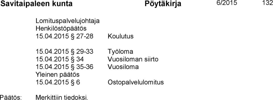 04.2015 34 Vuosiloman siirto 15.04.2015 35-36 Vuosiloma Yleinen päätös 15.