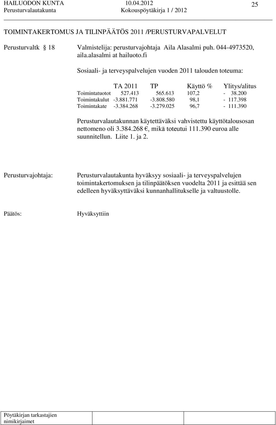 398 Toimintakate -3.384.268-3.279.025 96,7-111.390 Perusturvalautakunnan käytettäväksi vahvistettu käyttötalousosan nettomeno oli 3.384.268, mikä toteutui 111.390 euroa alle suunnitellun.