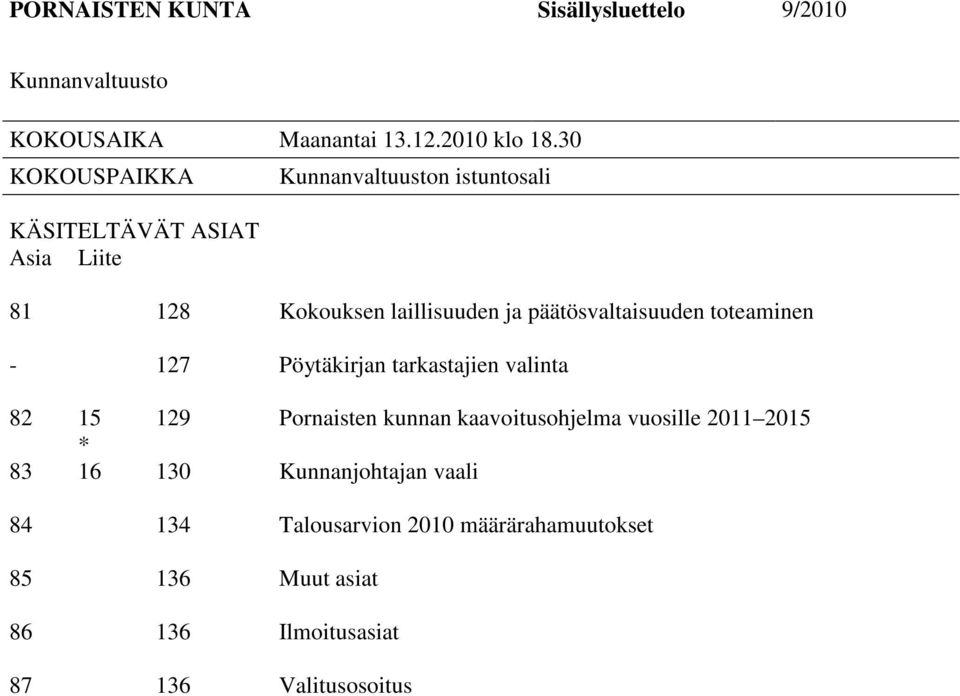 päätösvaltaisuuden toteaminen - 127 Pöytäkirjan tarkastajien valinta 82 15 129 Pornaisten kunnan kaavoitusohjelma