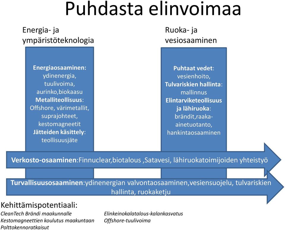 brändit,raakaainetuotanto, hankintaosaaminen Verkosto-osaaminen:Finnuclear,biotalous,Satavesi, lähiruokatoimijoiden yhteistyö Turvallisuusosaaminen:ydinenergian