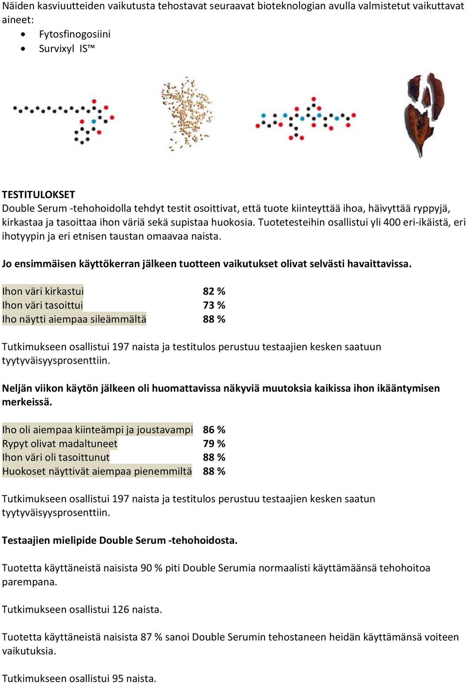Tuotetesteihin osallistui yli 400 eri ikäistä, eri ihotyypin ja eri etnisen taustan omaavaa naista. Jo ensimmäisen käyttökerran jälkeen tuotteen vaikutukset olivat selvästi havaittavissa.
