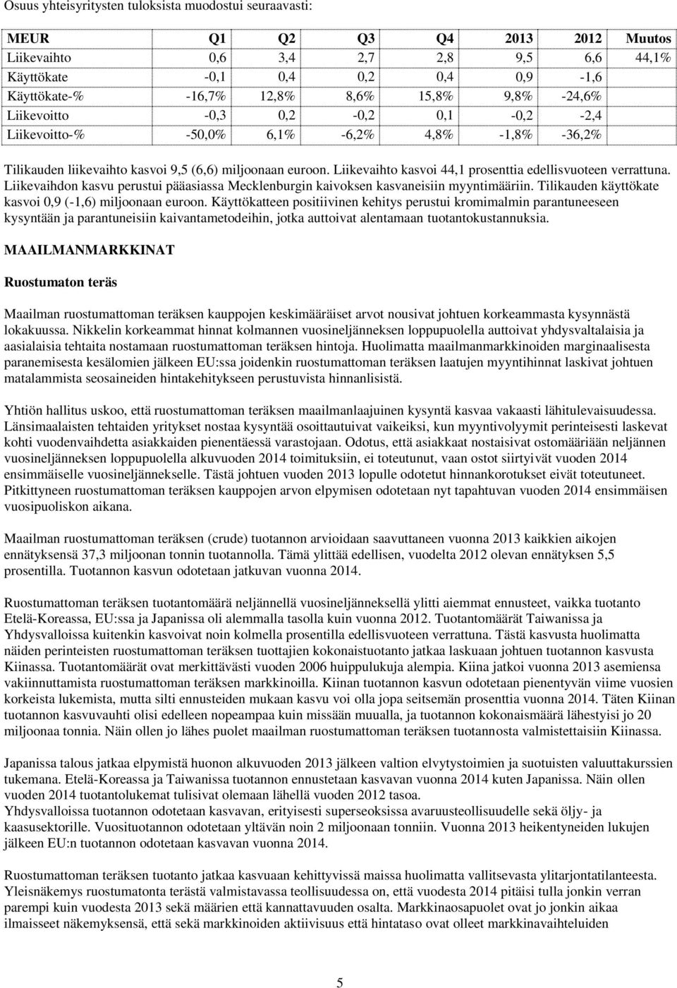 Liikevaihto kasvoi 44,1 prosenttia edellisvuoteen verrattuna. Liikevaihdon kasvu perustui pääasiassa Mecklenburgin kaivoksen kasvaneisiin myyntimääriin.