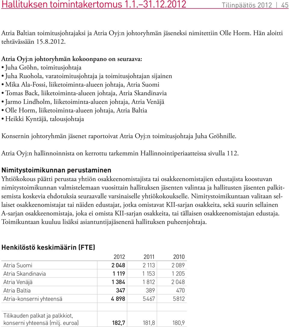 45 Atria Baltian toimitusjohtajaksi ja Atria Oyj:n johtoryhmän jäseneksi nimitettiin Olle Horm. Hän aloitti tehtävässään 15.8.2012.