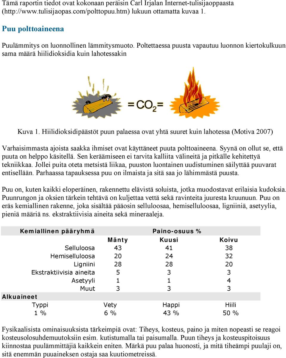 Hiilidioksidipäästöt puun palaessa ovat yhtä suuret kuin lahotessa (Motiva 2007) Varhaisimmasta ajoista saakka ihmiset ovat käyttäneet puuta polttoaineena.