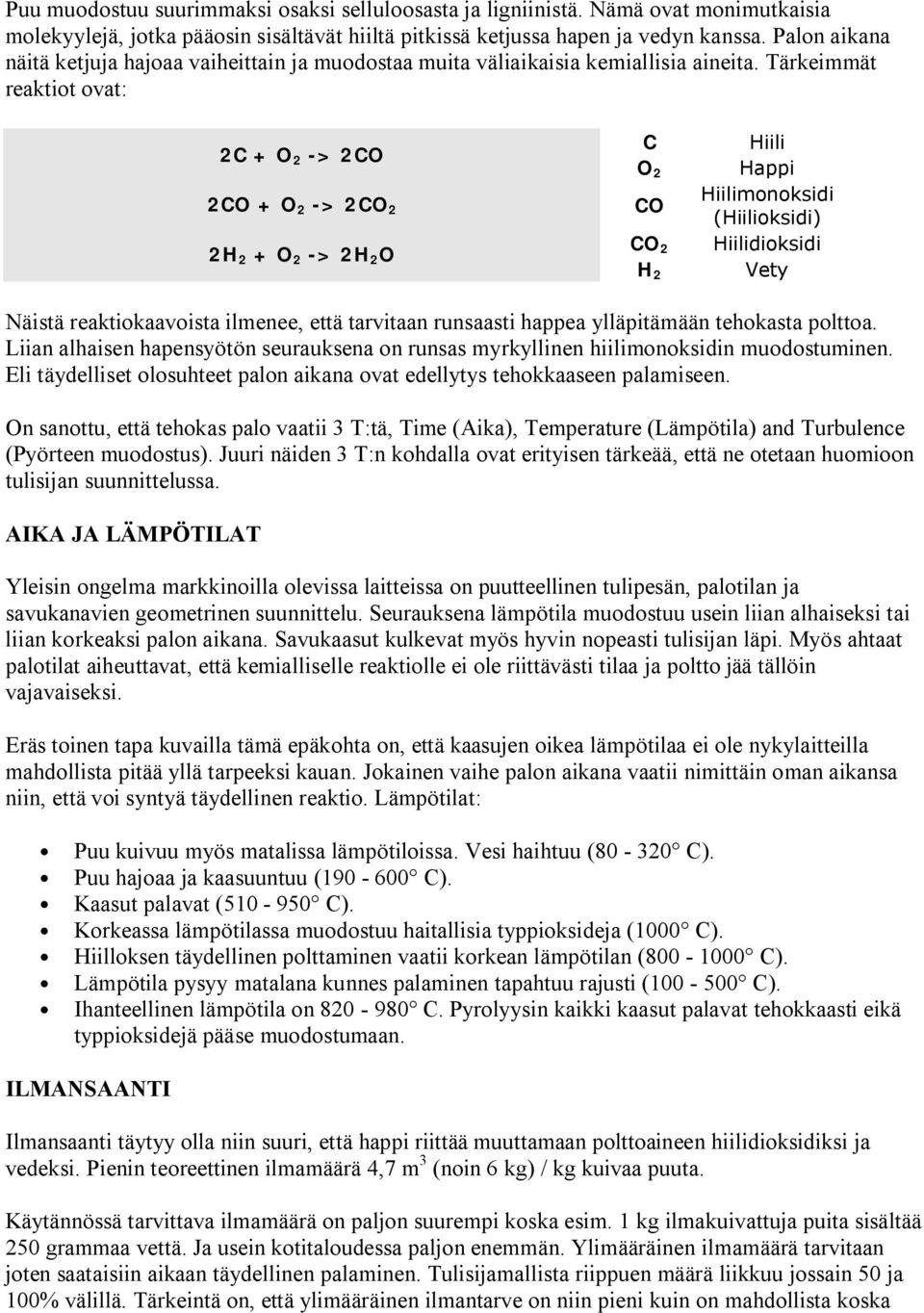 Tärkeimmät reaktiot ovat: 2C + O 2 > 2CO 2CO + O 2 > 2CO 2 2H 2 + O 2 > 2H 2 O C O 2 CO CO 2 H 2 Hiili Happi Hiilimonoksidi (Hiilioksidi) Hiilidioksidi Vety Näistä reaktiokaavoista ilmenee, että