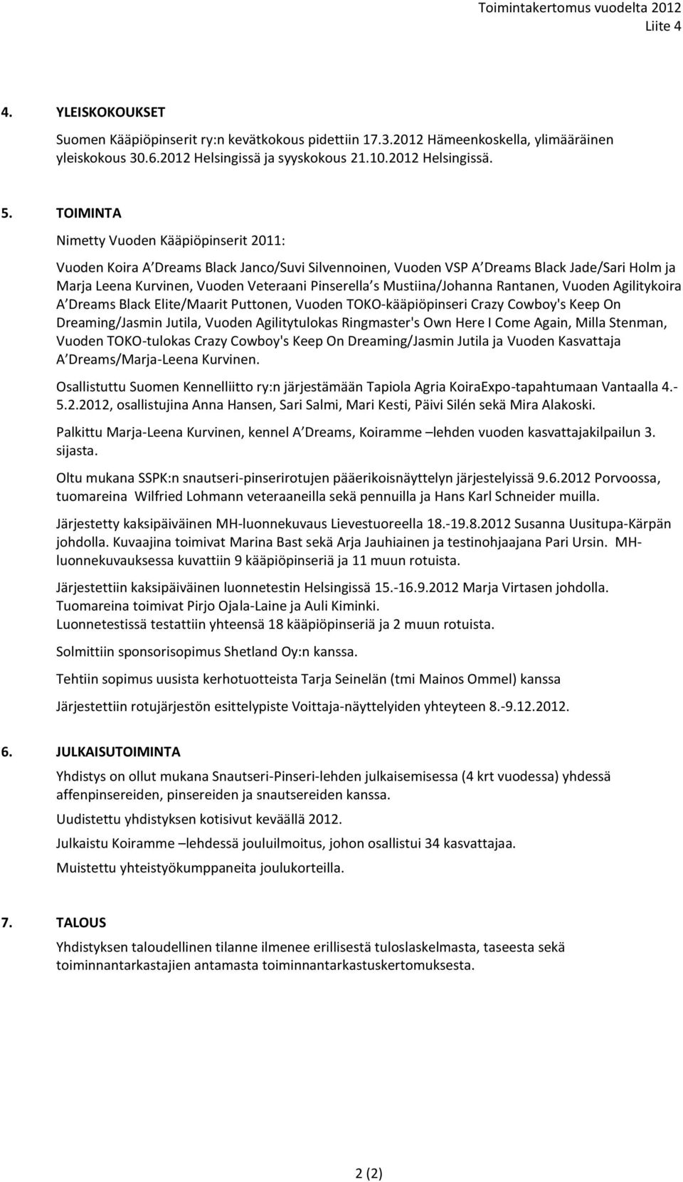 TOIMINTA Nimetty Vuoden Kääpiöpinserit 2011: Vuoden Koira A Dreams Black Janco/Suvi Silvennoinen, Vuoden VSP A Dreams Black Jade/Sari Holm ja Marja Leena Kurvinen, Vuoden Veteraani Pinserella s