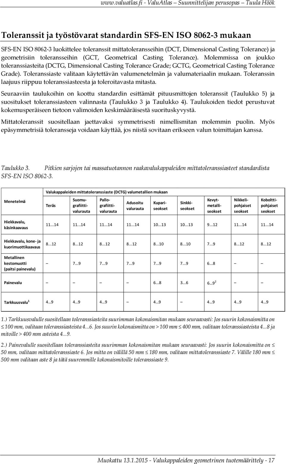 Toleranssiaste valitaan käytettävän valumenetelmän ja valumateriaalin mukaan. Toleranssin laajuus riippuu toleranssiasteesta ja toleroitavasta mitasta.