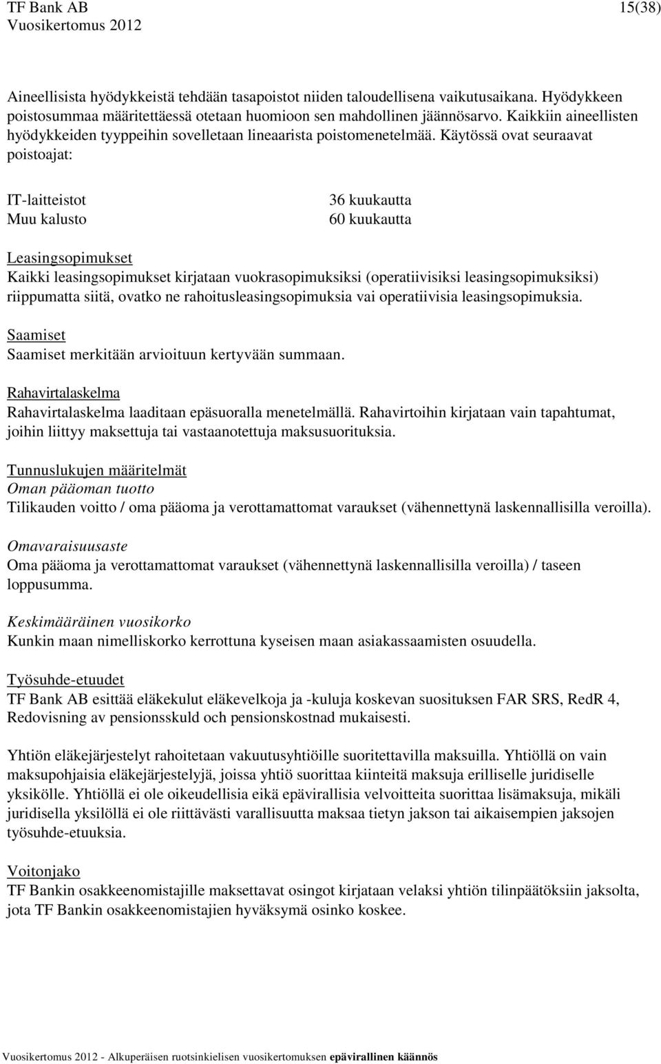 Käytössä ovat seuraavat poistoajat: IT-laitteistot Muu kalusto 36 kuukautta 60 kuukautta Leasingsopimukset Kaikki leasingsopimukset kirjataan vuokrasopimuksiksi (operatiivisiksi leasingsopimuksiksi)