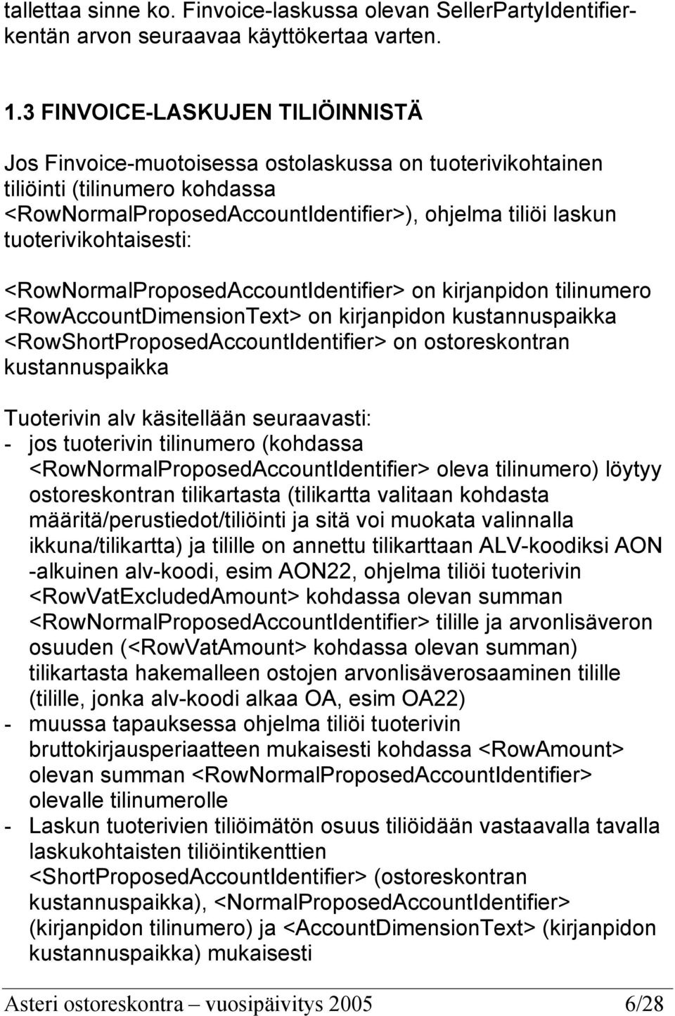 tuoterivikohtaisesti: <RowNormalProposedAccountIdentifier> on kirjanpidon tilinumero <RowAccountDimensionText> on kirjanpidon kustannuspaikka <RowShortProposedAccountIdentifier> on ostoreskontran