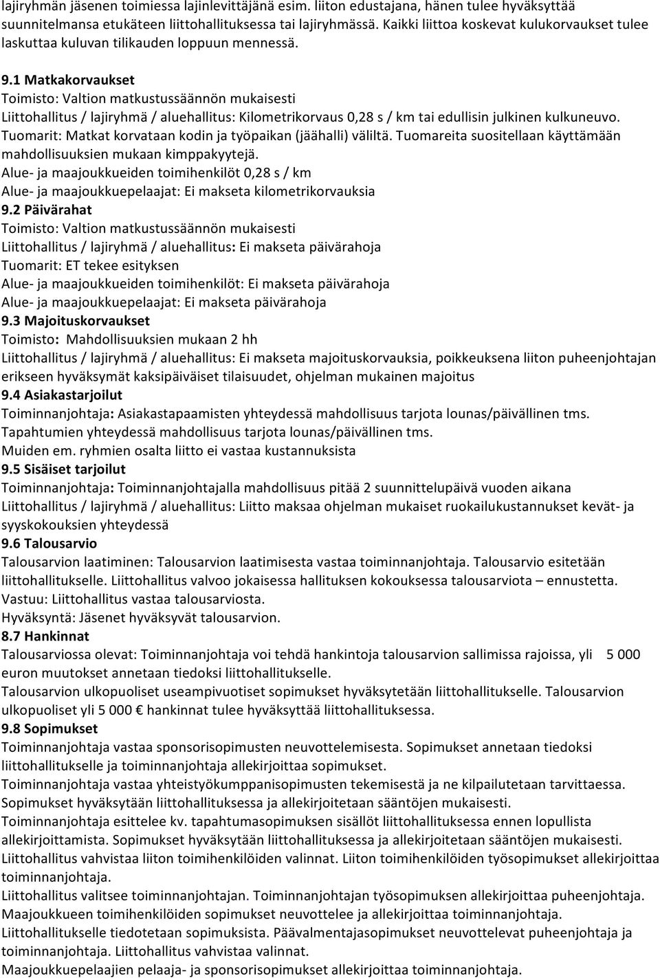 1 Matkakorvaukset Toimisto: Valtion matkustussäännön mukaisesti Liittohallitus / lajiryhmä / aluehallitus: Kilometrikorvaus 0,28 s / km tai edullisin julkinen kulkuneuvo.