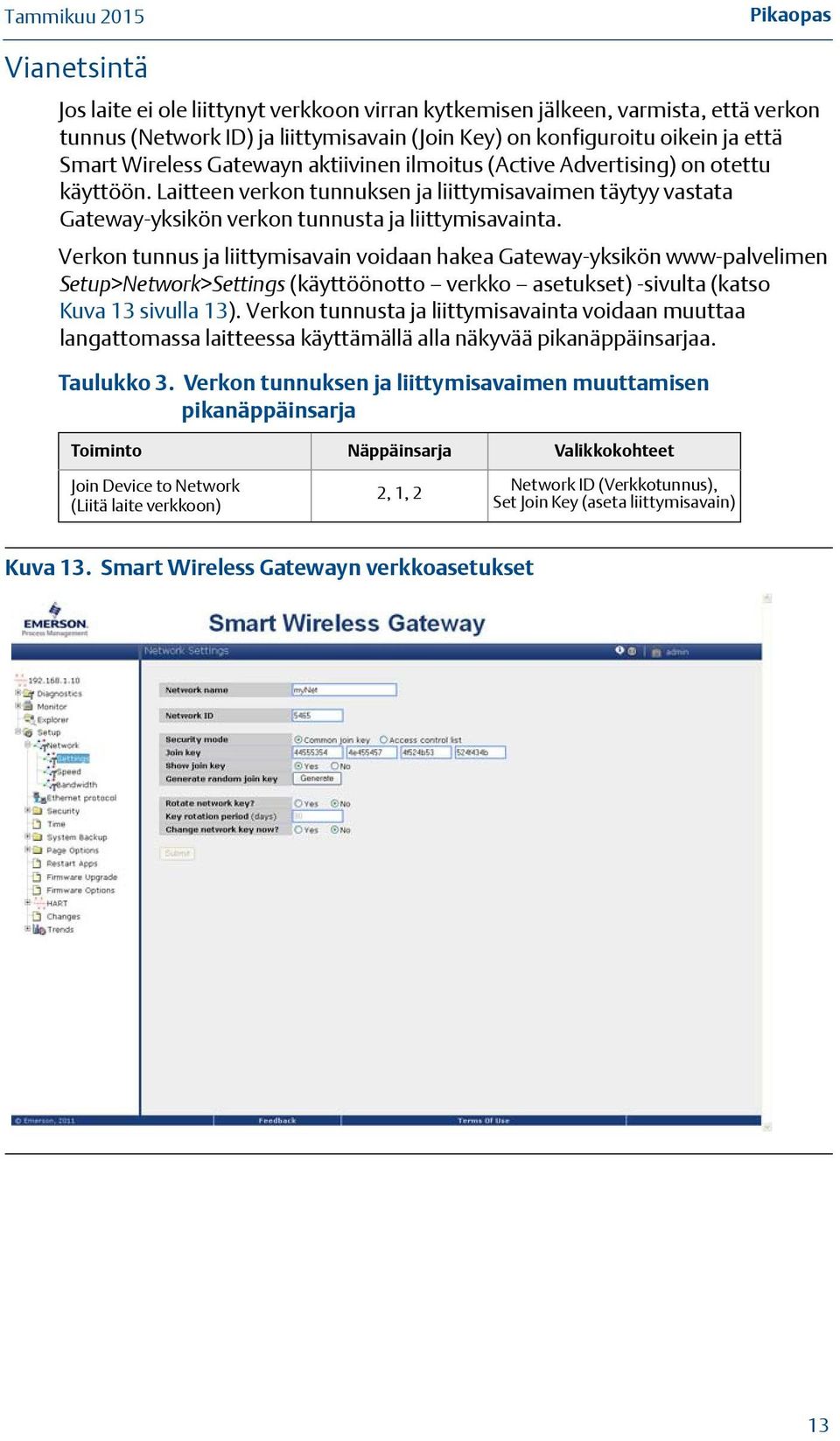 Verkon tunnus ja liittymisavain voidaan hakea Gateway-yksikön www-palvelimen Setup>Network>Settings (käyttöönotto verkko asetukset) -sivulta (katso Kuva 13 sivulla 13).