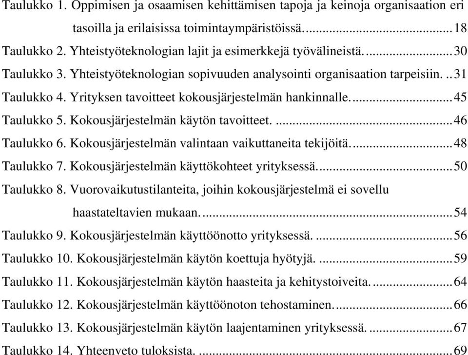 Yrityksen tavoitteet kokousjärjestelmän hankinnalle...45 Taulukko 5. Kokousjärjestelmän käytön tavoitteet....46 Taulukko 6. Kokousjärjestelmän valintaan vaikuttaneita tekijöitä...48 Taulukko 7.