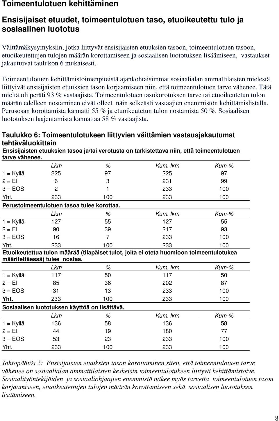 Toimeentulotuen kehittämistoimenpiteistä ajankohtaisimmat sosiaalialan ammattilaisten mielestä liittyivät ensisijaisten etuuksien tason korjaamiseen niin, että toimeentulotuen tarve vähenee.