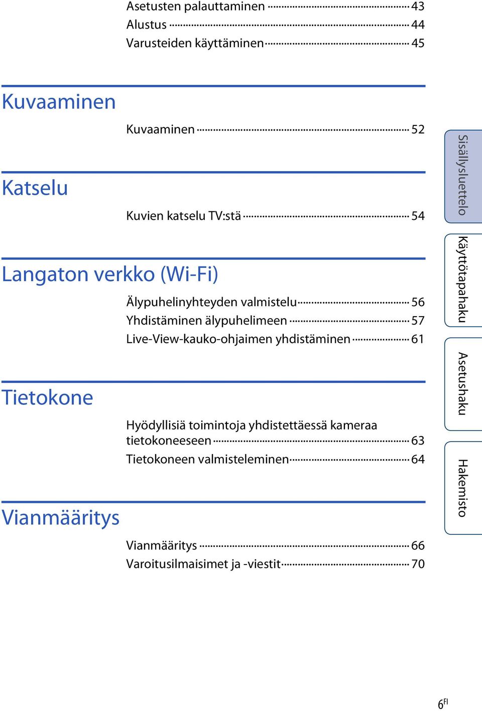 Yhdistäminen älypuhelimeen 57 Live-View-kauko-ohjaimen yhdistäminen 61 Hyödyllisiä toimintoja