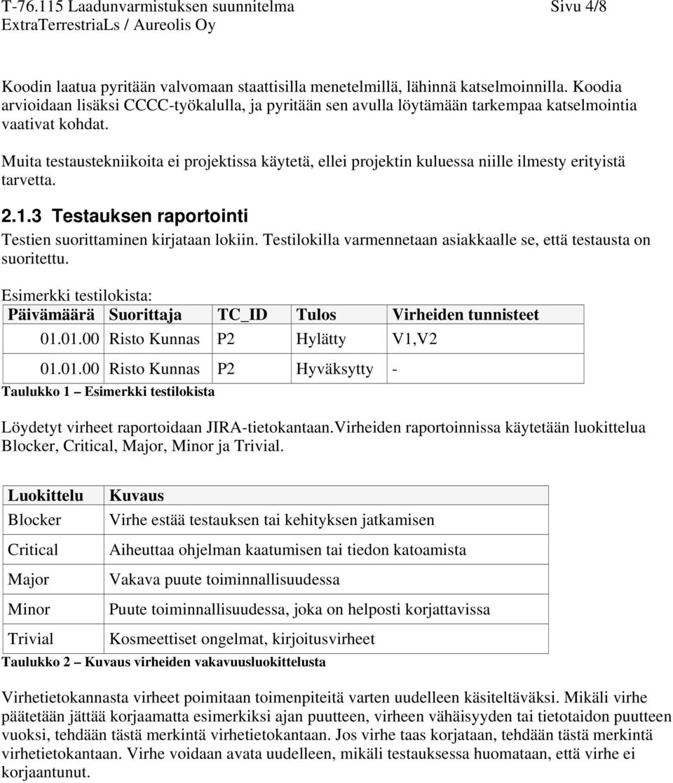 Muita testaustekniikoita ei projektissa käytetä, ellei projektin kuluessa niille ilmesty erityistä tarvetta. 2.1.3 Testauksen raportointi Testien suorittaminen kirjataan lokiin.