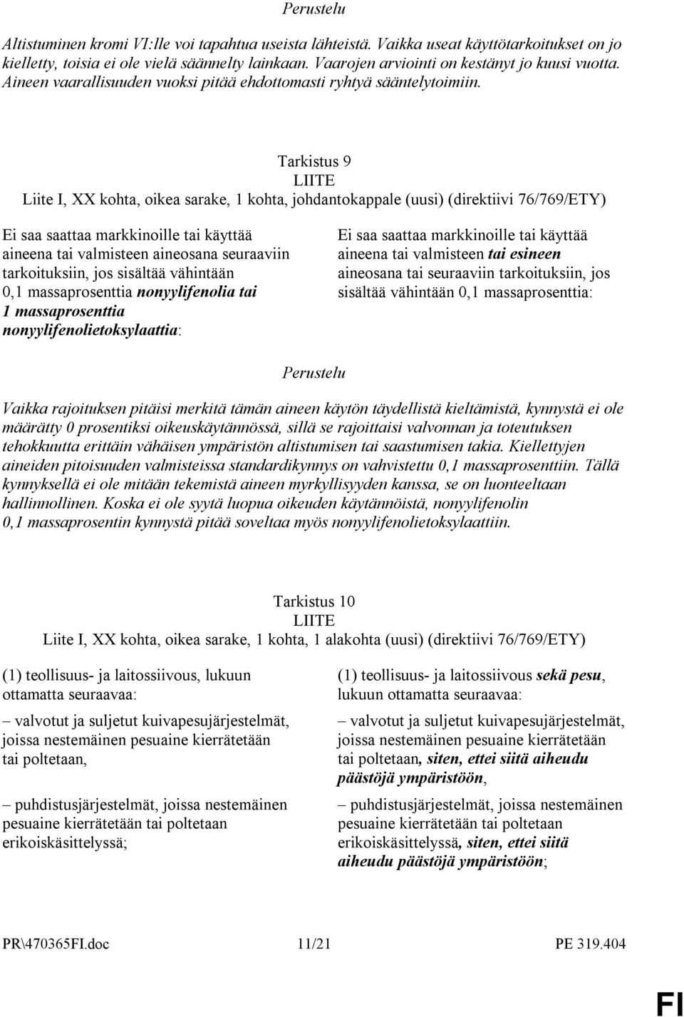 Tarkistus 9 Liite I, XX kohta, oikea sarake, 1 kohta, johdantokappale (uusi) (direktiivi 76/769/ETY) Ei saa saattaa markkinoille tai käyttää aineena tai valmisteen aineosana seuraaviin tarkoituksiin,