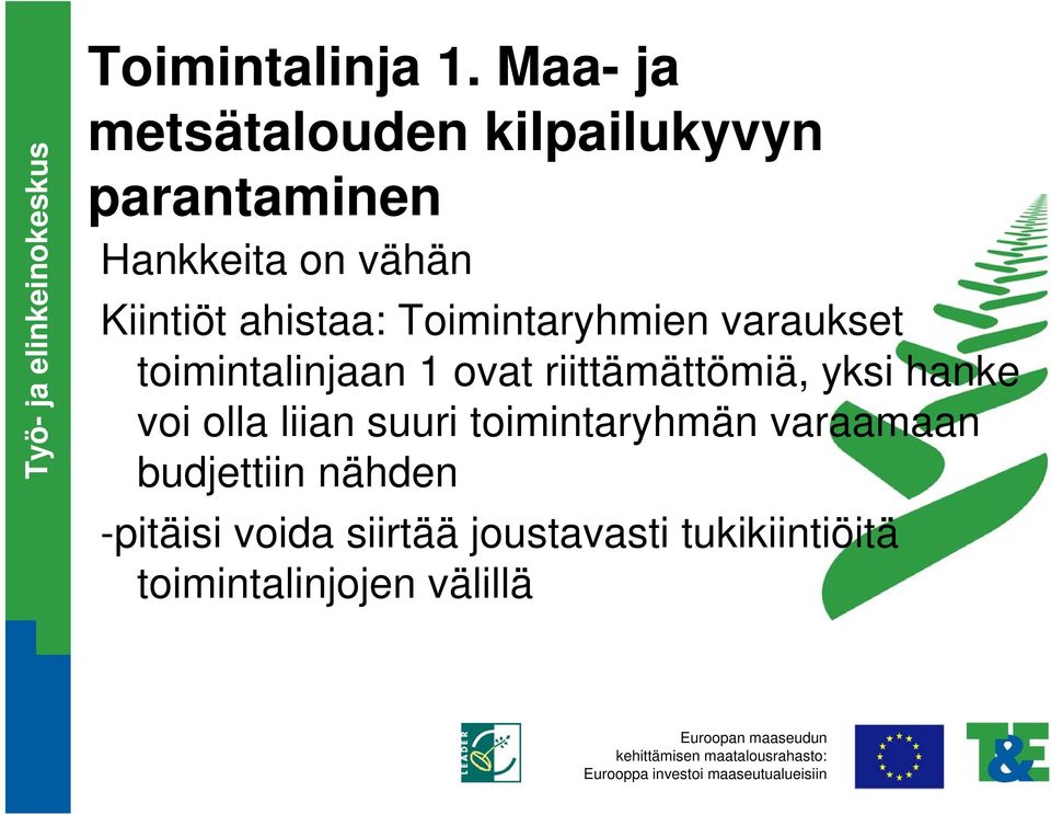 Toimintaryhmien varaukset toimintalinjaan 1 ovat riittämättömiä, yksi hanke voi olla
