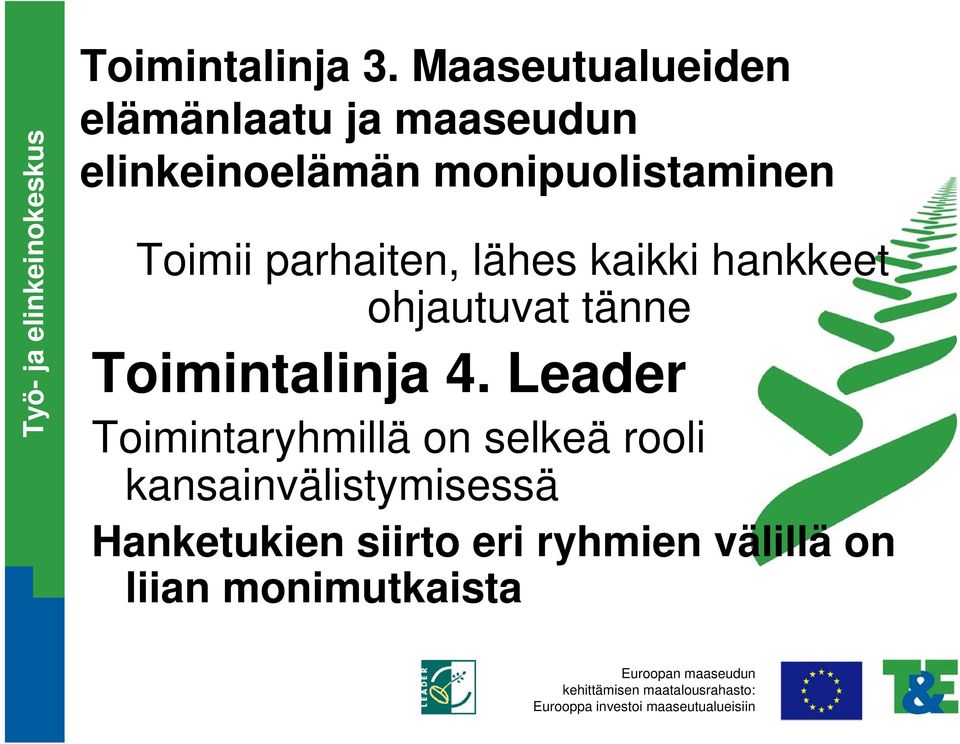 Toimii parhaiten, lähes kaikki hankkeet ohjautuvat tänne Toimintalinja 4.