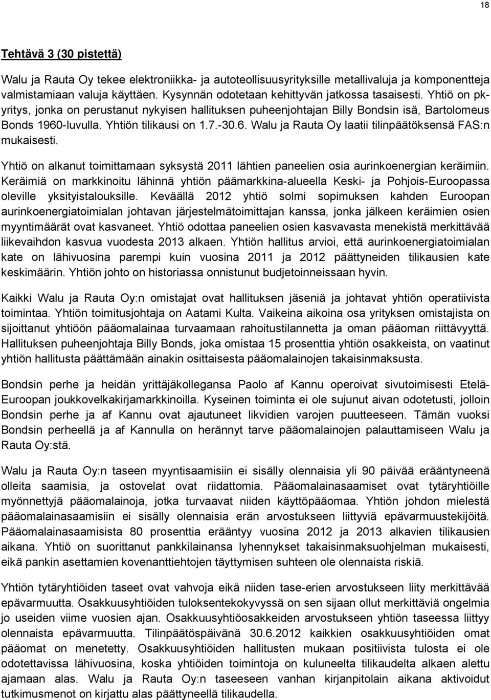 7.-30.6. Walu ja Rauta Oy laatii tilinpäätöksensä FAS:n mukaisesti. Yhtiö on alkanut toimittamaan syksystä 2011 lähtien paneelien osia aurinkoenergian keräimiin.