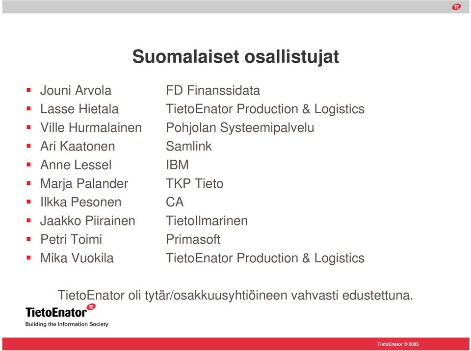 TietoEnator Production & Logistics Pohjolan Systeemipalvelu Samlink IBM TKP Tieto CA