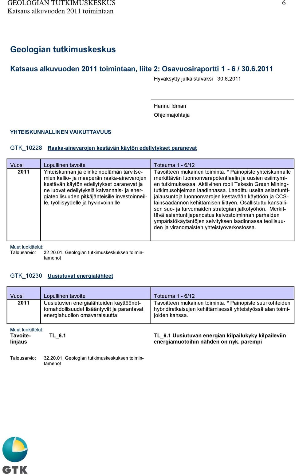 raaka-ainevarojen kestävän käytön edellytykset paranevat ja ne luovat edellytyksiä kaivannais- ja energiateollisuuden pitkäjänteisille investoinneille, työllisyydelle ja hyvinvoinnille Tavoitteen