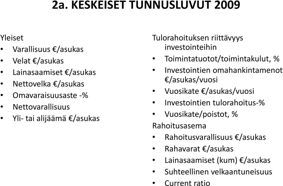 Toimintatuotot/toimintakulut, % Investointien omahankintamenot /asukas/vuosi Vuosikate /asukas/vuosi Investointien