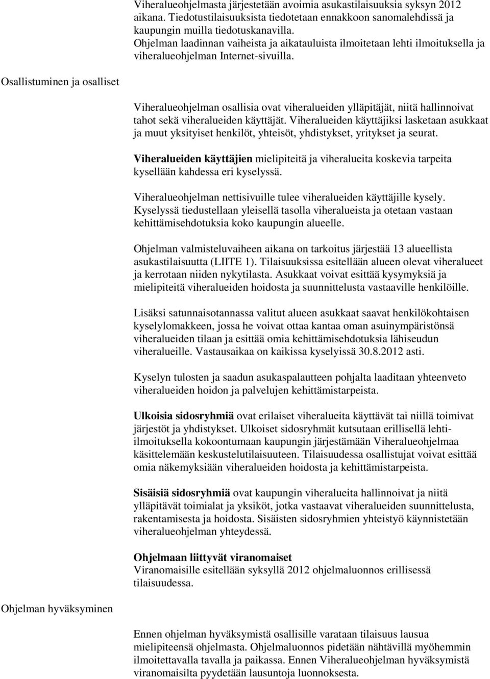 Osallistuminen ja osalliset Viheralueohjelman osallisia ovat viheralueiden ylläpitäjät, niitä hallinnoivat tahot sekä viheralueiden käyttäjät.