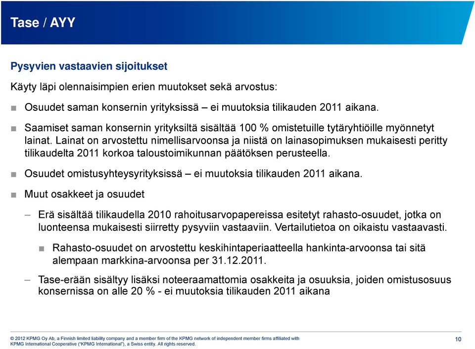 Lainat on arvostettu nimellisarvoonsa ja niistä on lainasopimuksen mukaisesti peritty tilikaudelta 2011 korkoa taloustoimikunnan päätöksen perusteella.