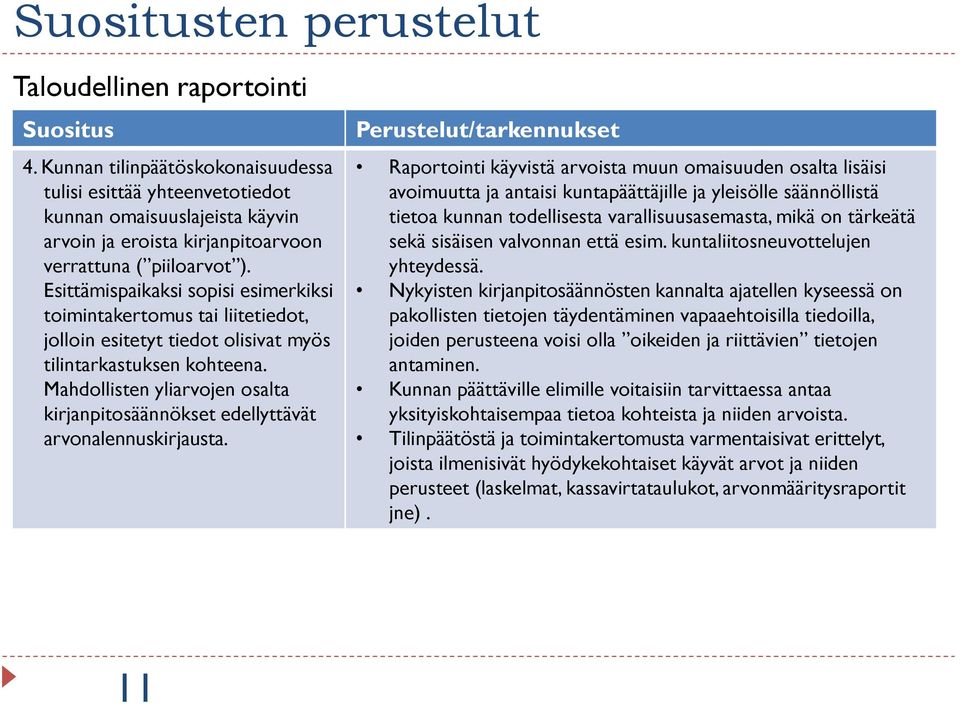 Esittämispaikaksi sopisi esimerkiksi toimintakertomus tai liitetiedot, jolloin esitetyt tiedot olisivat myös tilintarkastuksen kohteena.