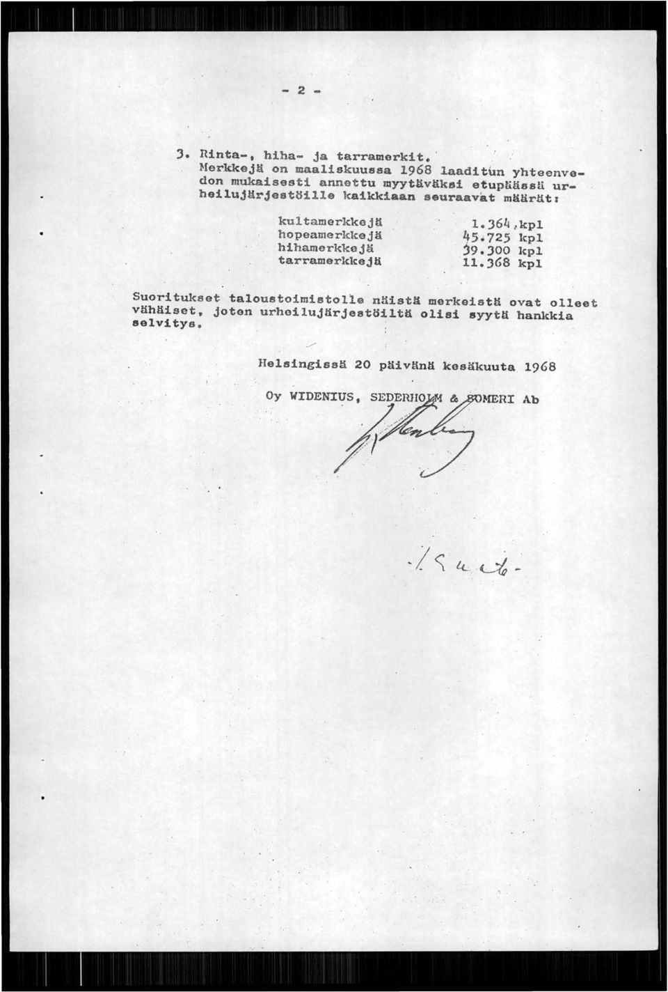 kaikkiaan seuraavat määrätr kultamerkkejä hopeamerkkejä hihamerldc:ejä tarramerkkejä 1.)64I.kpl 45.725 kpl. ~9.