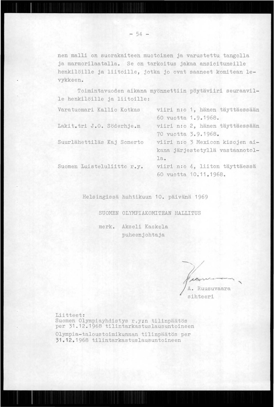 9.1968. viiri n:o 2, hänen täyttäessään 70 vuotta 3.9.1968. viiri n:o 3 Mexicon kisojen aikana järjestetyllä vastaanotolla. viiri n:o 4, liiton täyttäessä 60 vuotta 10.11.1968. Helsingissä huhtikuun 10.