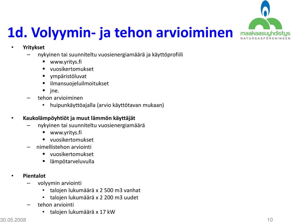 tehon arvioiminen huipunkäyttöajalla (arvio käyttötavan mukaan) Kaukolämpöyhtiöt ja muut lämmön käyttäjät nykyinen tai suunniteltu