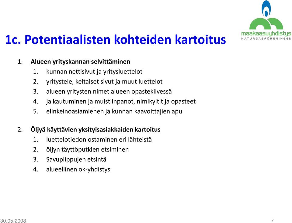 jalkautuminen ja muistiinpanot, nimikyltit ja opasteet 5. elinkeinoasiamiehen ja kunnan kaavoittajien apu 2.