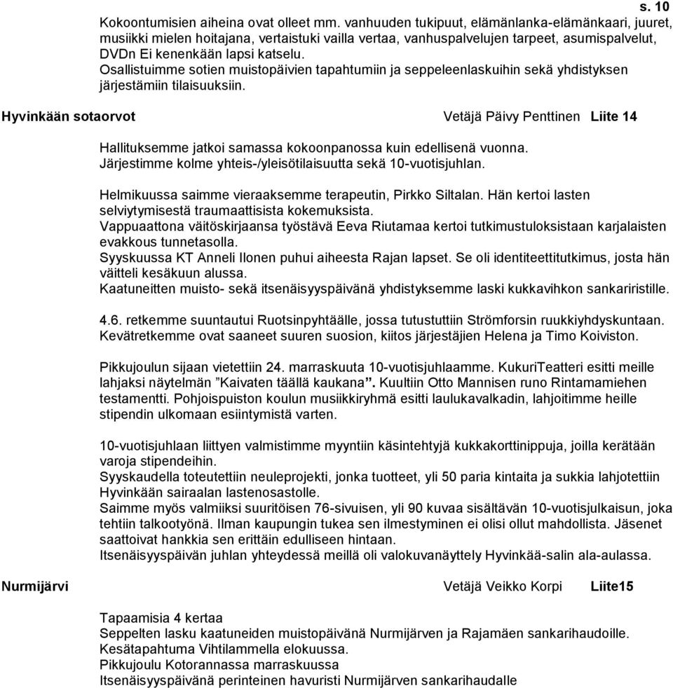 Osallistuimme sotien muistopäivien tapahtumiin ja seppeleenlaskuihin sekä yhdistyksen järjestämiin tilaisuuksiin.