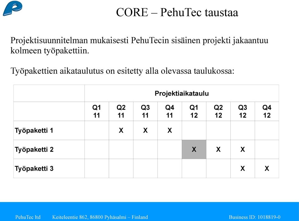 Työpakettien aikataulutus on esitetty alla olevassa taulukossa: