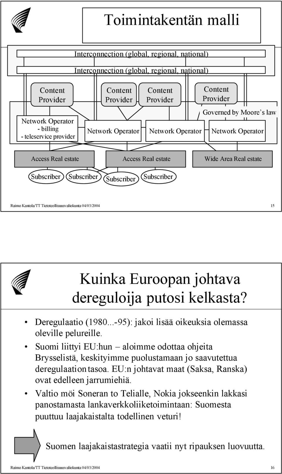Subscriber Subscriber Raimo Kantola/TT Tietoteollisuusvaliokunta 04/03/2004 15 Kuinka Euroopan johtava dereguloija putosi kelkasta? Deregulaatio (1980.