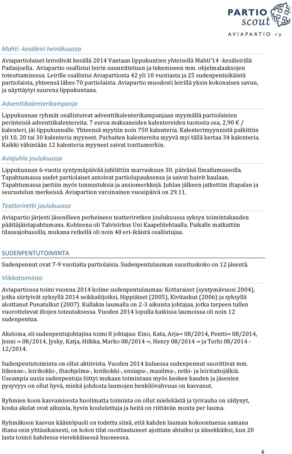 Leirille osallistui Aviapartiosta 42 yli 10 vuotiasta ja 25 sudenpentuikäistä partiolaista, yhteensä lähes 70 partiolaista.