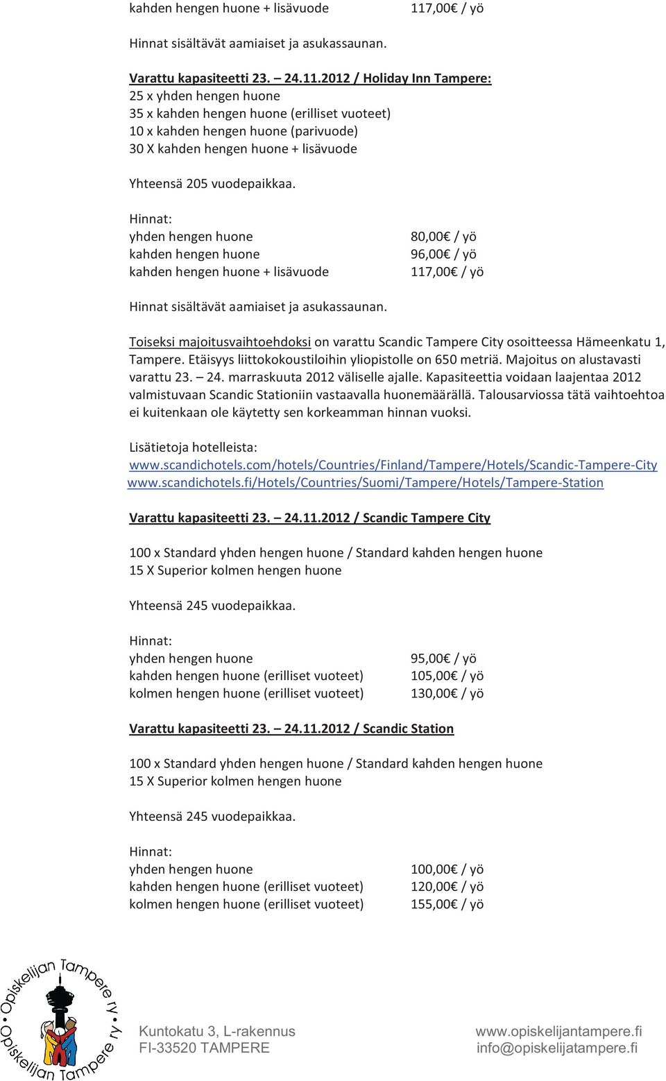 2012 / Holiday Inn Tampere: 25 x yhden hengen huone 35 x kahden hengen huone (erilliset vuoteet) 10 x kahden hengen huone (parivuode) 30 X kahden hengen huone + lisävuode Yhteensä 205 vuodepaikkaa.