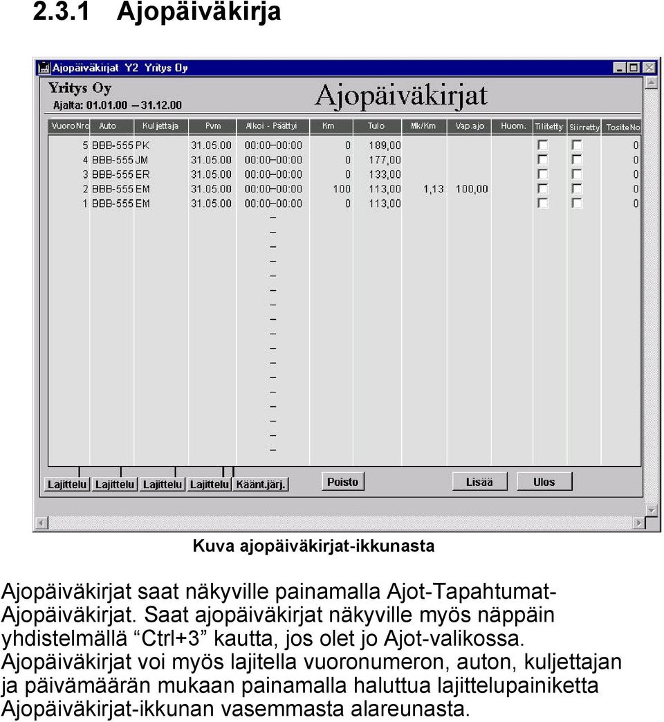 Saat ajopäiväkirjat näkyville myös näppäin yhdistelmällä Ctrl+3 kautta, jos olet jo Ajot-valikossa.