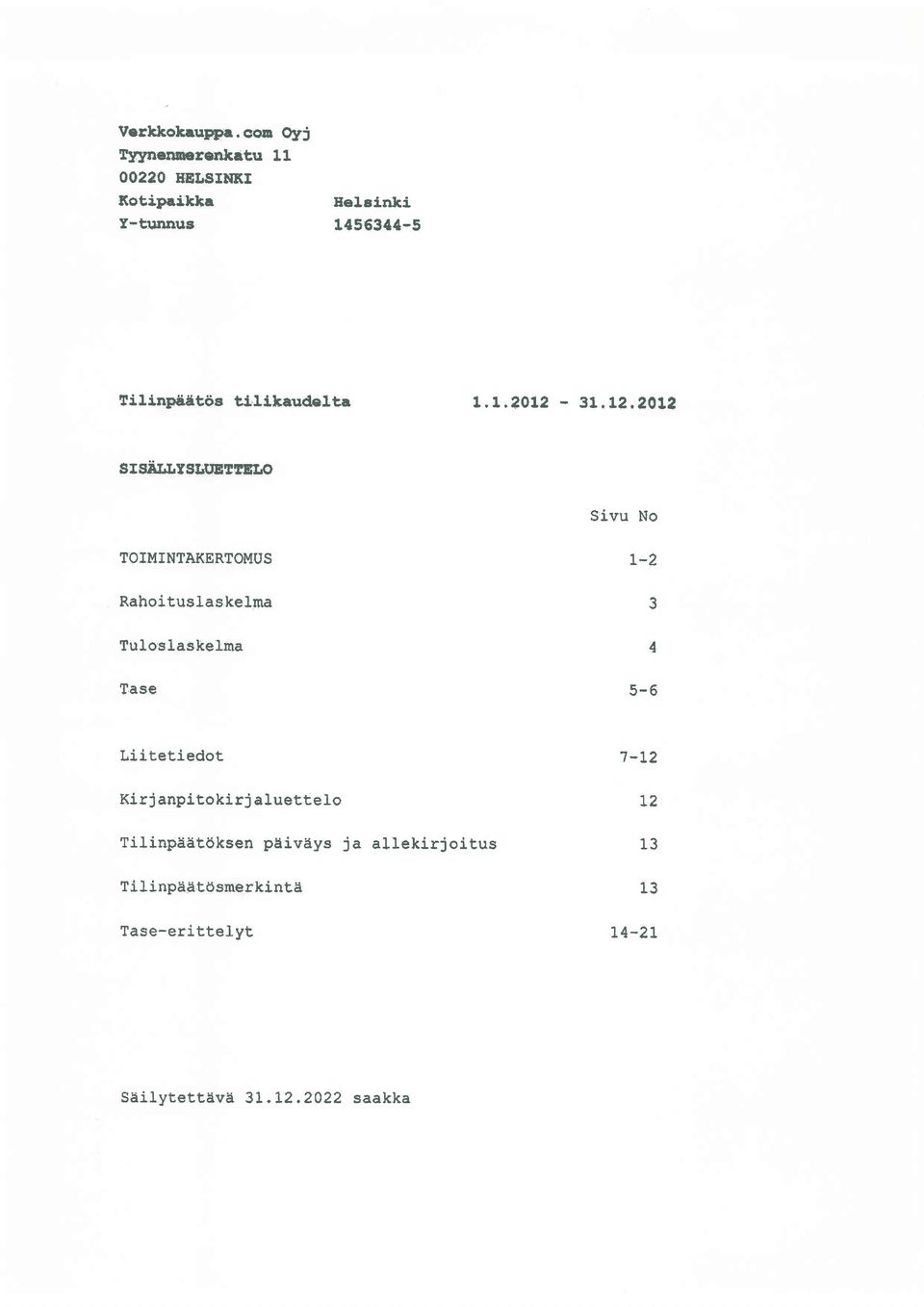 L2,20L2 SIFIiI+I,TSI{EEEEXICI Sivu No TOIMINTAKERTOMUS Rahoituslaskelna t-2, J Tuloelaskelma Tase 4 5'6