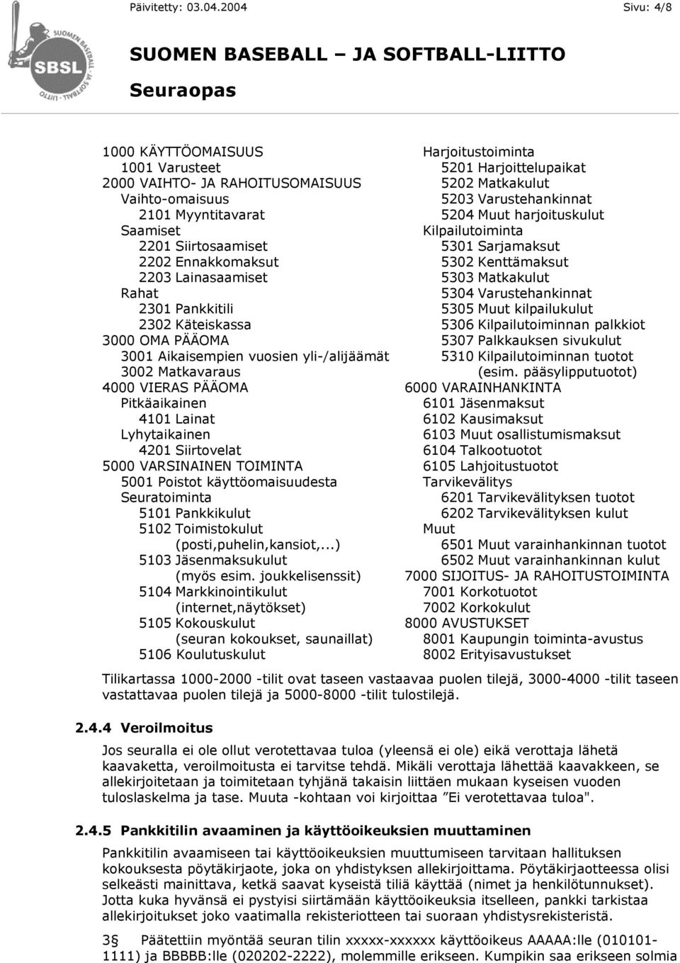 5204 Muut harjoituskulut Saamiset Kilpailutoiminta 2201 Siirtosaamiset 5301 Sarjamaksut 2202 Ennakkomaksut 5302 Kenttämaksut 2203 Lainasaamiset 5303 Matkakulut Rahat 5304 Varustehankinnat 2301