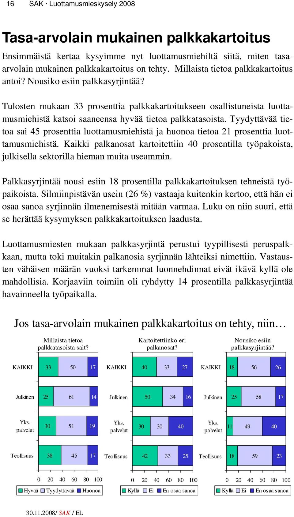 Tyydyttävää tietoa sai 45 prosenttia luottamusmiehistä ja huonoa tietoa 21 prosenttia luottamusmiehistä.