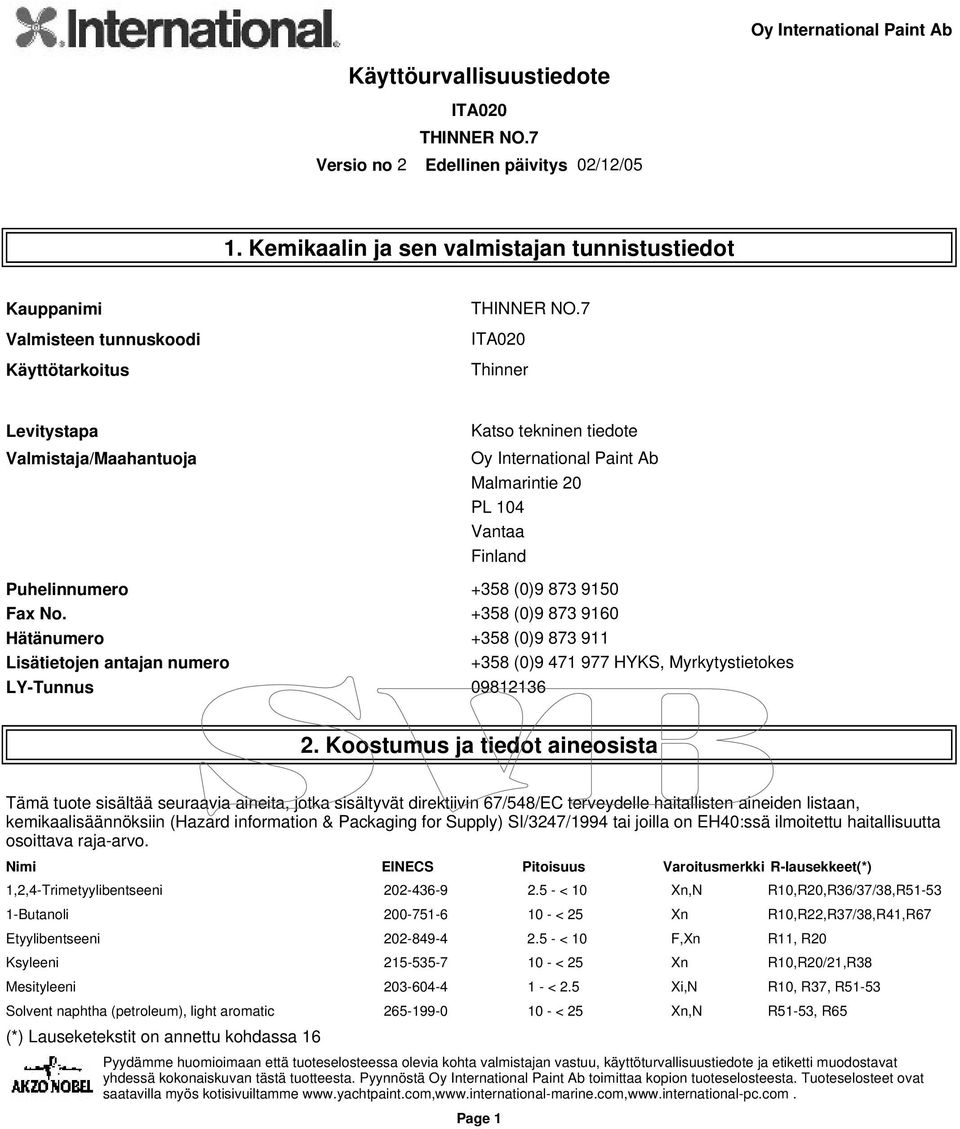 +358 (0)9 873 9160 Hätänumero +358 (0)9 873 911 Lisätietojen antajan numero +358 (0)9 471 977 HYKS, Myrkytystietokes LY-Tunnus 09812136 2.