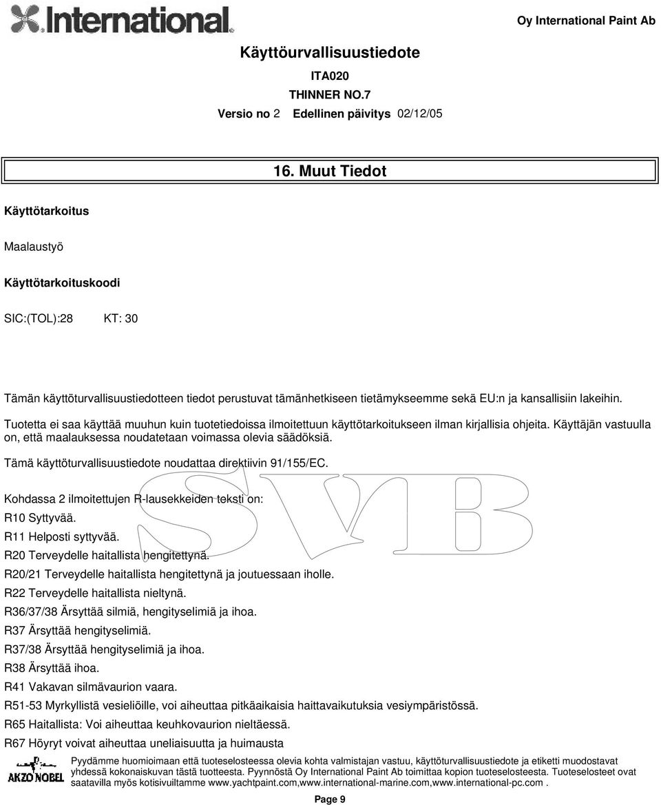 Käyttäjän vastuulla on, että maalauksessa noudatetaan voimassa olevia säädöksiä. Tämä käyttöturvallisuustiedote noudattaa direktiivin 91/155/EC.