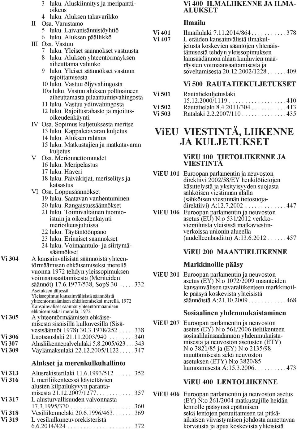 Vastuu aluksen polttoaineen aiheuttamasta pilaantumisvahingosta 11 luku. Vastuu ydinvahingosta 12 luku. Rajoitusrahasto ja rajoitusoikeudenkäynti IV Osa. Sopimus kuljetuksesta meritse 13 luku.