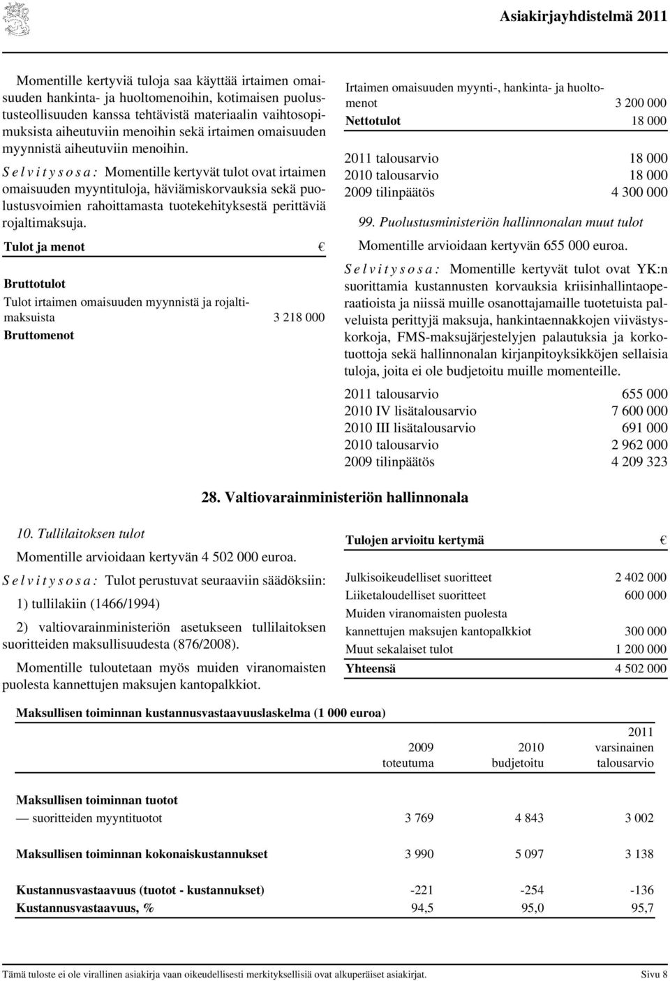 S e l v i t y s o s a : Momentille kertyvät tulot ovat irtaimen omaisuuden myyntituloja, häviämiskorvauksia sekä puolustusvoimien rahoittamasta tuotekehityksestä perittäviä rojaltimaksuja.